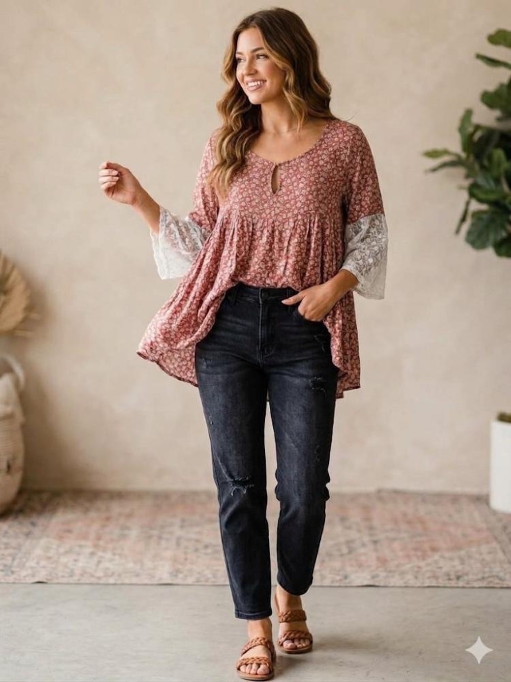 Umgee Rust Floral Lace-Sleeve Hi Low Top